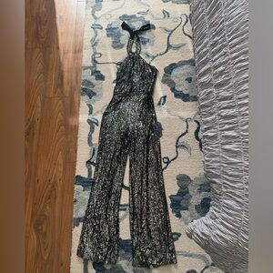 Anthropologie Sequin Halter Jumpsuit in Black and Silver